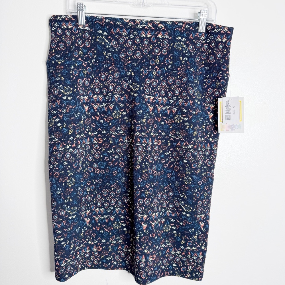 NWT Lularoe Cassie Pencil Skirt Blue Multicolor XL Stretch Retro Boho Abstract